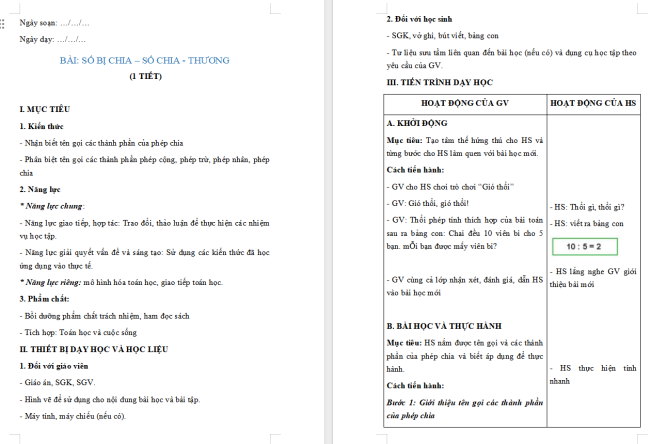 Giáo án Toán 2: Số bị chia – số chia – thương