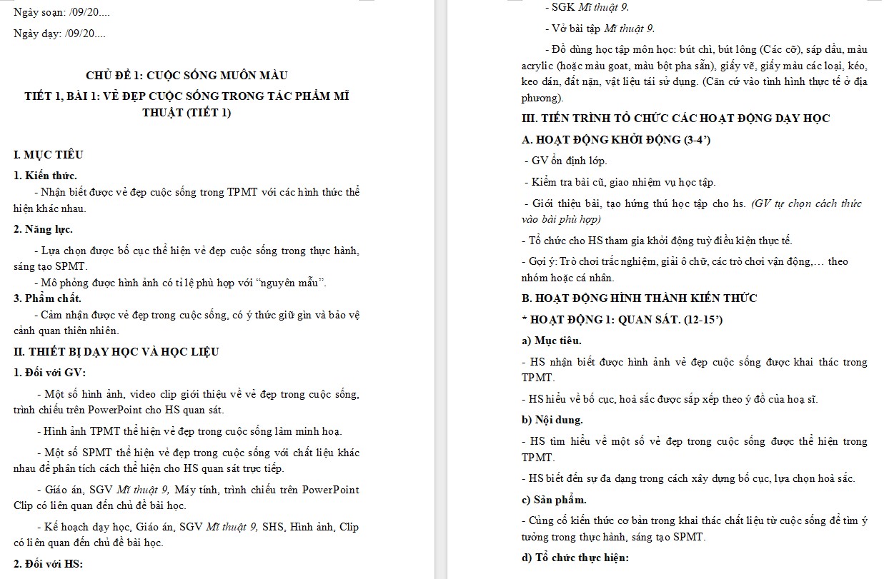 Giáo án Mĩ thuật 9 KNTT Bài 1