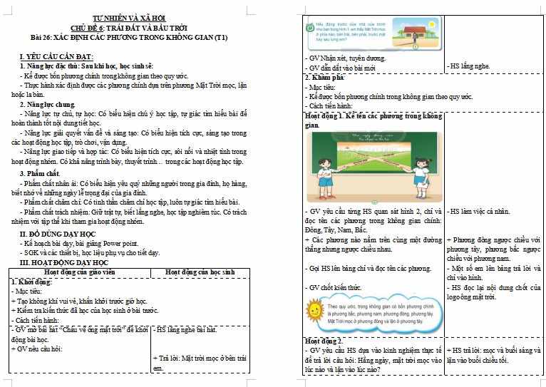 Giáo án Tự nhiên và xã hội lớp 3 Bài 26: Xác định các phương trong không gian