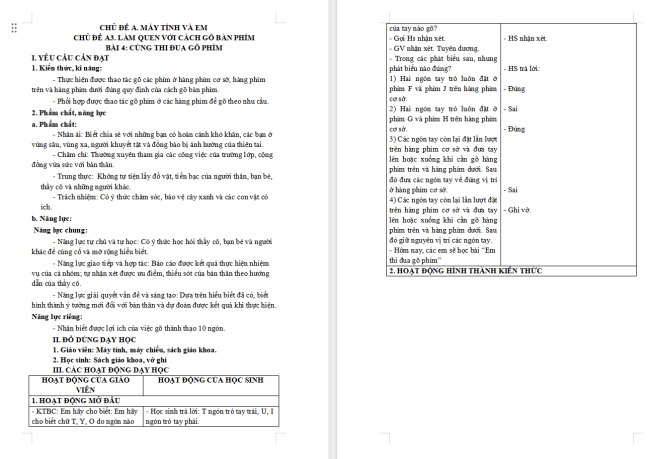 Giáo án Tin học 3 Bài 4: Cùng thi đua gõ phím