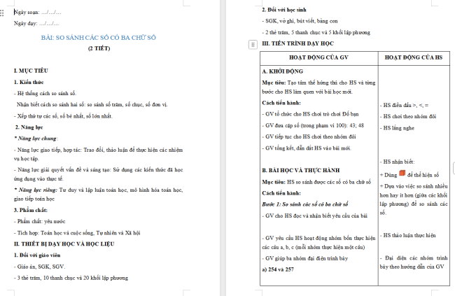 Giáo án Toán 2: So sánh các số có ba chữ số