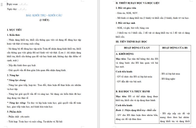Giáo án Toán 2: Khối trụ - khối cầu