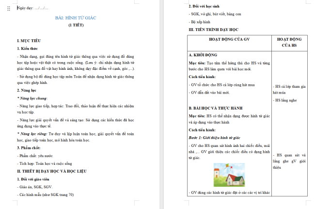 Giáo án Toán 2: Hình tứ giác