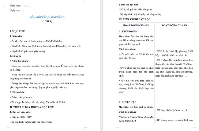 Giáo án Toán 2: Xếp hình, gấp hình