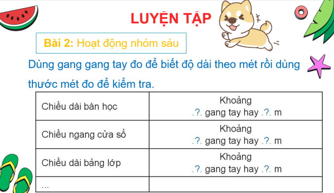 PowerPoint Toán 2: Đo bằng gang tay để biết vật dài bao nhiêu mét