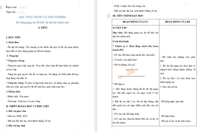 Giáo án Toán 2: Đo bằng gang tay để biết vật dài bao nhiêu mét