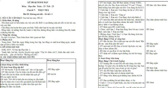 Giáo án Đạo đức 1 Không nói dối