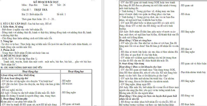 Giáo án Đạo đức 1 Biết nhận lỗi