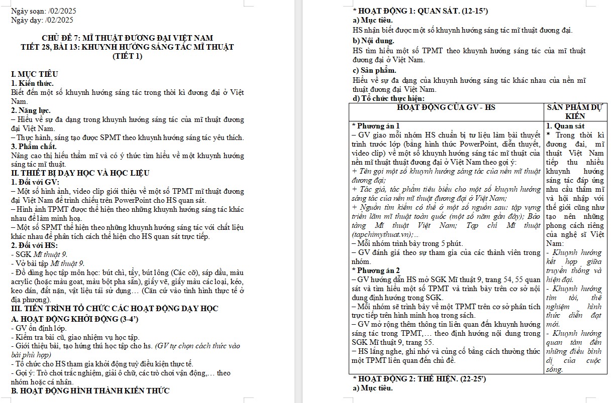 Giáo án Mĩ thuật 9 KNTT Bài 13