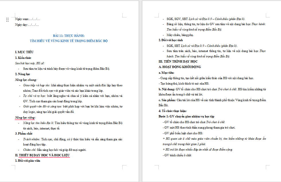 Giáo án Địa lí 9 Bài 11: Thực hành Trình bày về vùng kinh tế trọng điểm Bắc Bộ