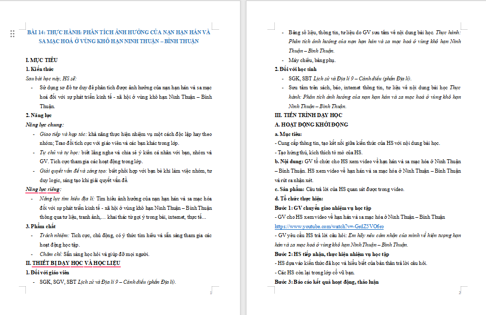 Giáo án Địa lí 9 Bài 14: Thực hành Phân tích ảnh hưởng của nạn hạn hán và sa mạc hoá ở vùng khô hạn Ninh Thuận Bình Thuận