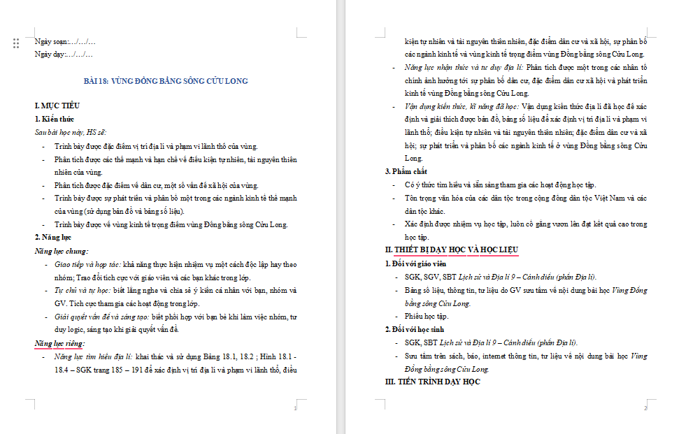 Giáo án Địa lí 9 Bài 18: Vùng Đồng bằng sông Cửu Long
