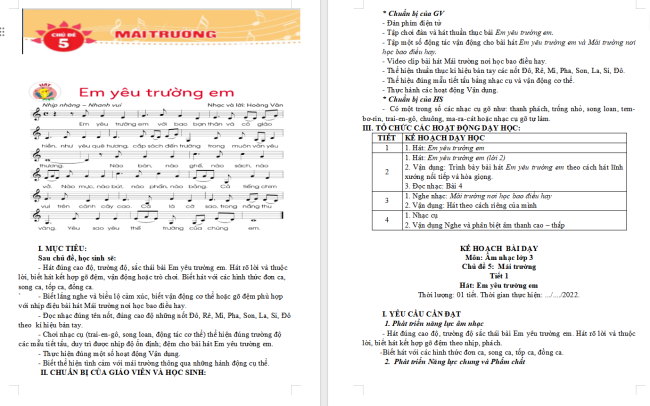 Giáo án Âm nhạc 3 Chủ đề 5 Tiết 1: Học hát em yêu trường em