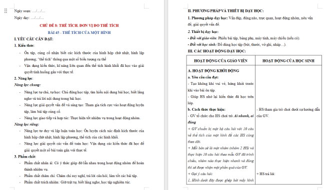 Giáo án dạy thêm Toán 5 Bài 45: Thể tích của một hình