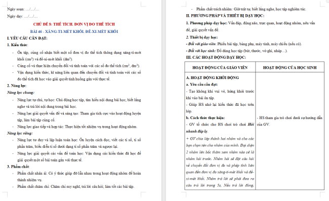 Giáo án dạy thêm Toán 5 Bài 46: Xăng-ti-mét khối. Đề-xi-mét khối