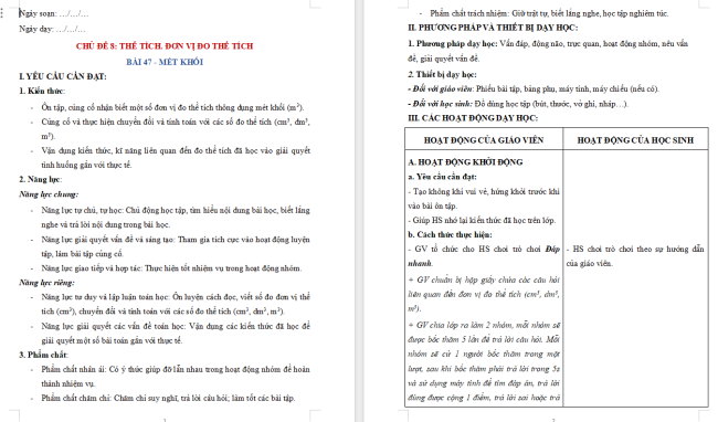 Giáo án dạy thêm Toán 5 Bài 47: Mét khối