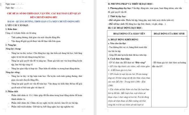Giáo án dạy thêm Toán 5 Bài 60: Quãng đường, thời gian của một chuyển động đều