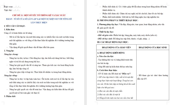 Giáo án dạy thêm Toán 5 Bài 65: Tỉ số của số lần lặp lại một sự kiện so với tổng số lần thực hiện