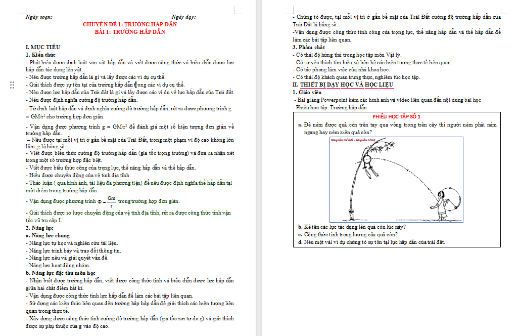 Giáo án Chuyên đề Vật lí 11 Bài 1: Trường hấp dẫn