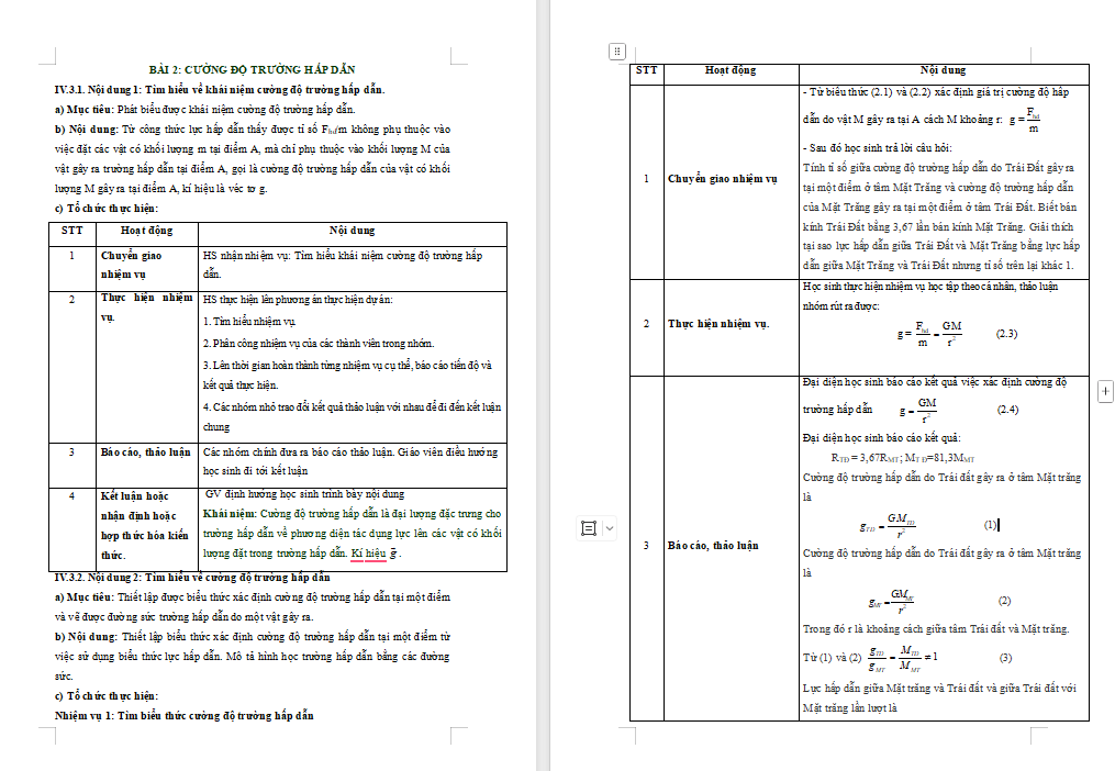 Giáo án Chuyên đề Vật lí 11 Bài 2: Cường độ trường hấp dẫn