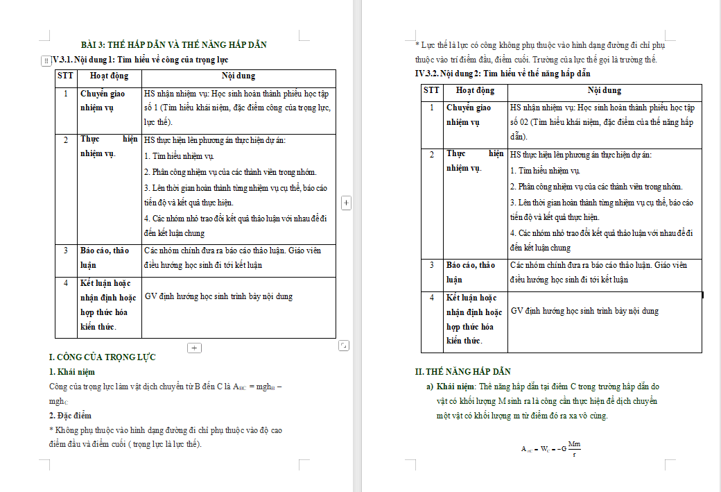 Giáo án Chuyên đề Vật lí 11 Bài 3: Thế hấp dẫn và thế năng hấp dẫn