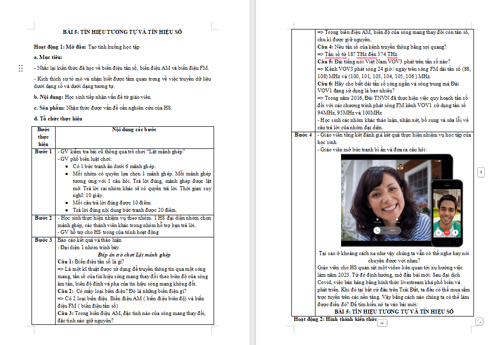 Giáo án Chuyên đề Vật lí 11 Bài 5: Tín hiệu tương tự và tín hiệu số