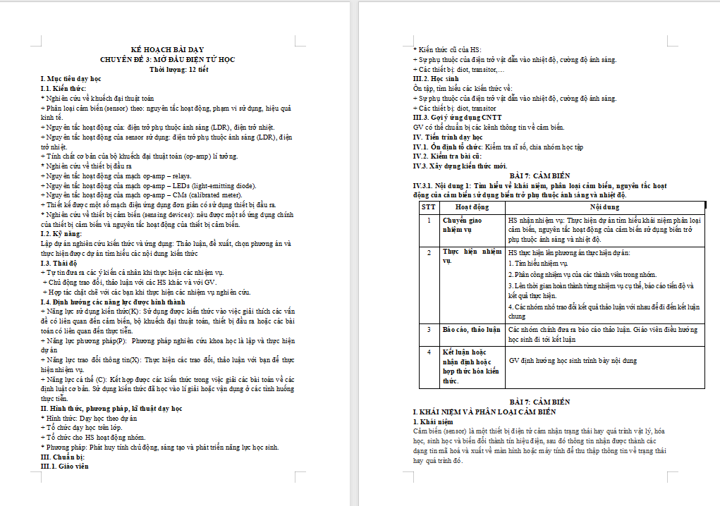 Giáo án Chuyên đề Vật lí 11 Bài 7: Cảm biến