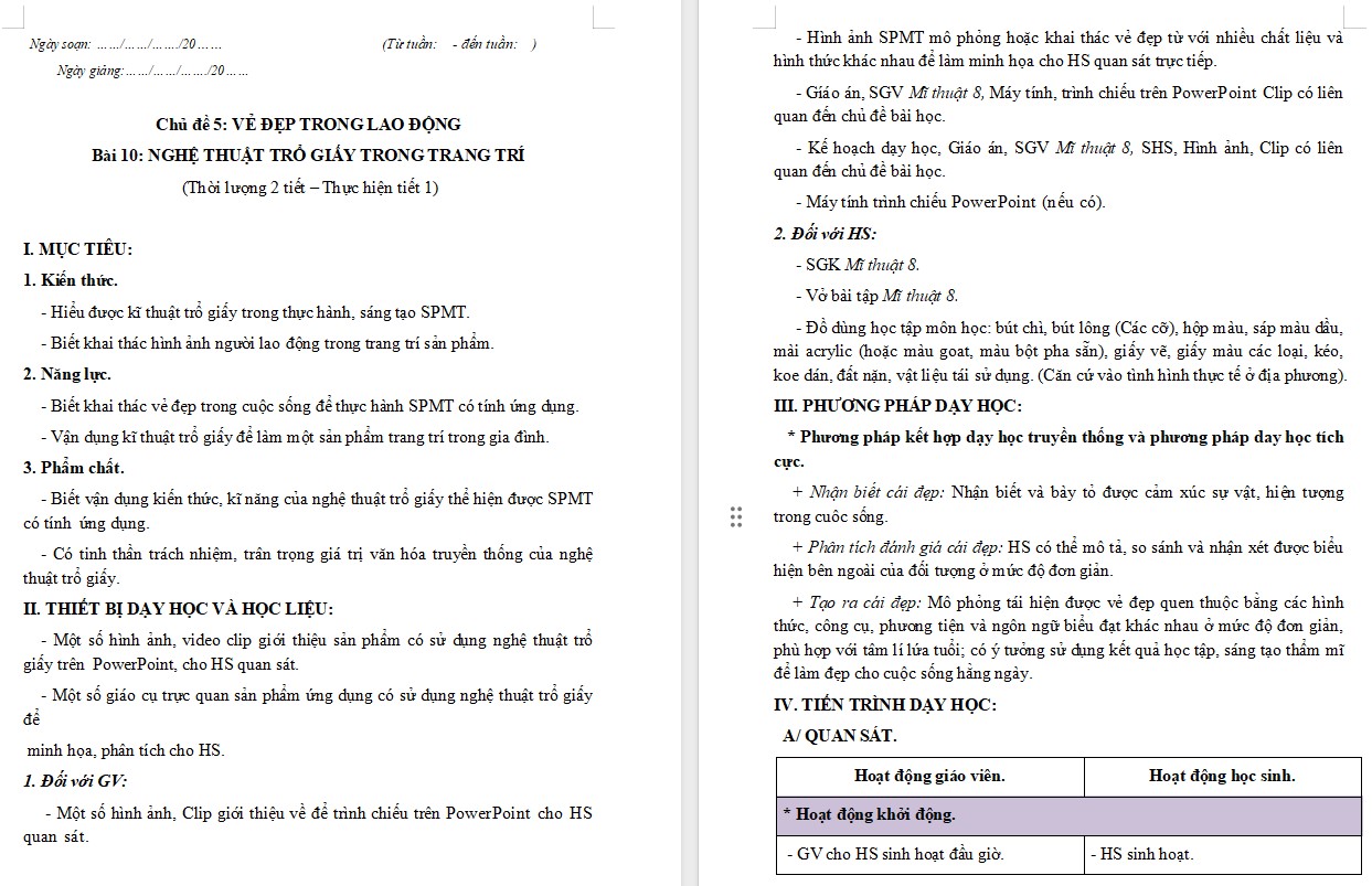 Giáo án Mĩ thuật 8 KNTT Bài 10