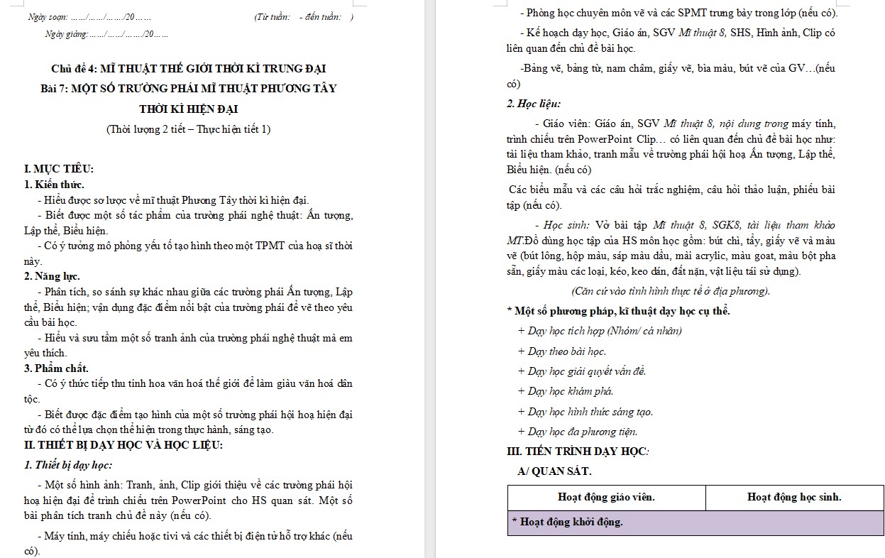 Giáo án Mĩ thuật 8 KNTT Bài 7