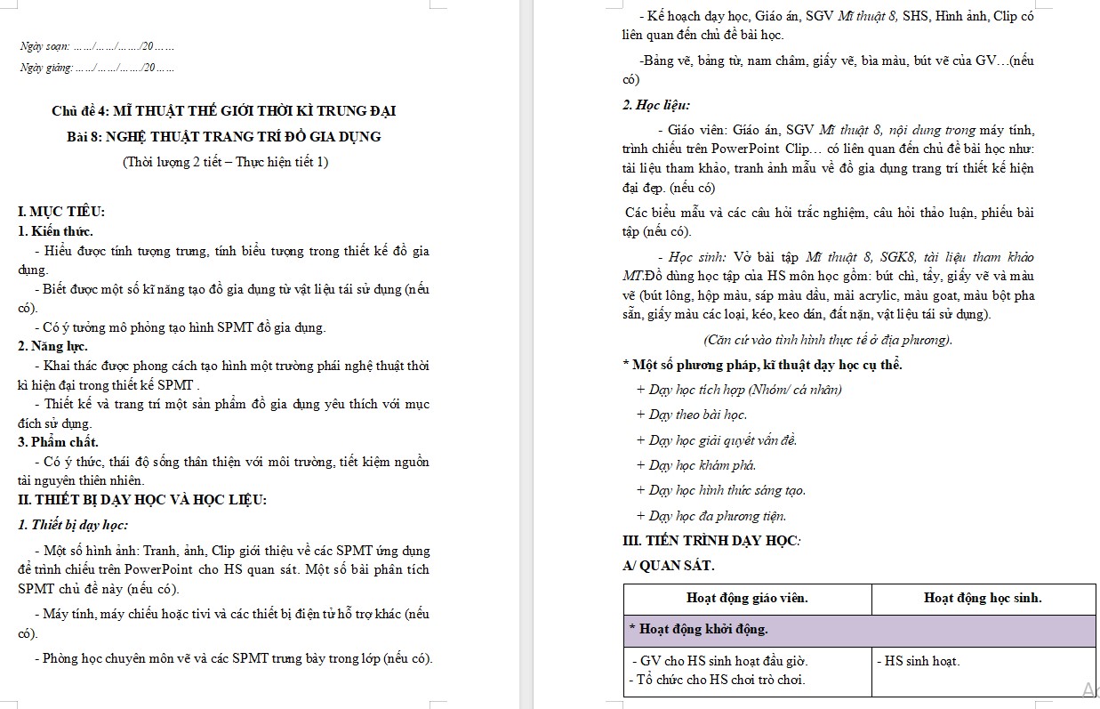 Giáo án Mĩ thuật 8 KNTT Bài 8