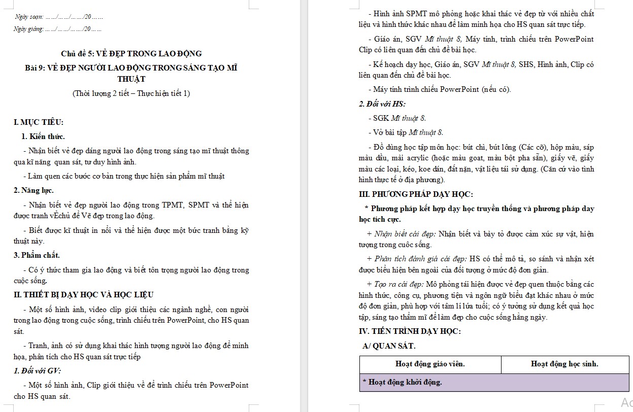 Giáo án Mĩ thuật 8 KNTT Bài 9