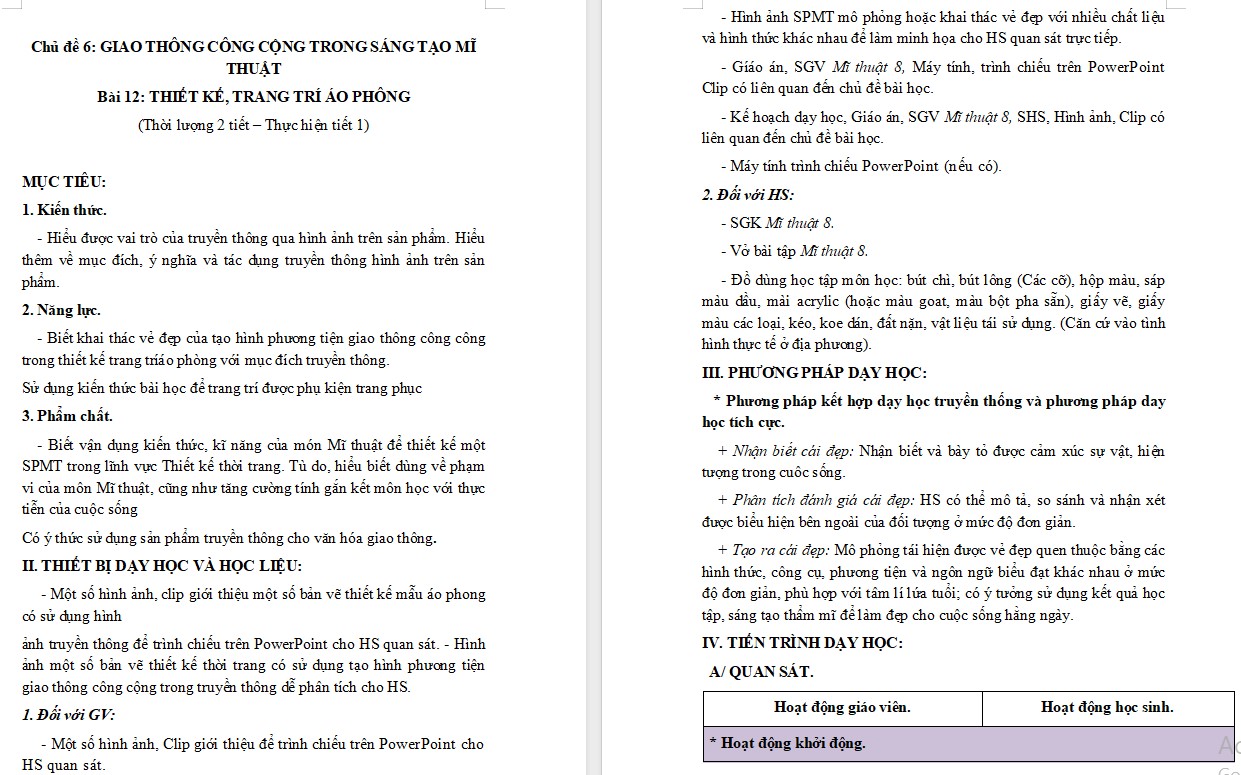 Giáo án Mĩ thuật 8 KNTT Bài 12