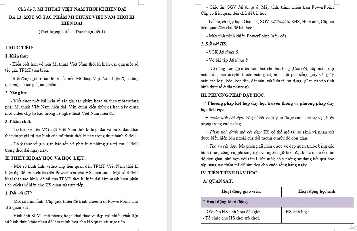 Giáo án Mĩ thuật 8 KNTT Bài 13