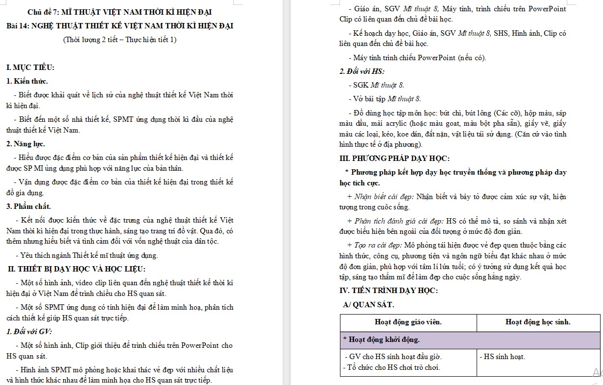 Giáo án Mĩ thuật 8 KNTT Bài 14