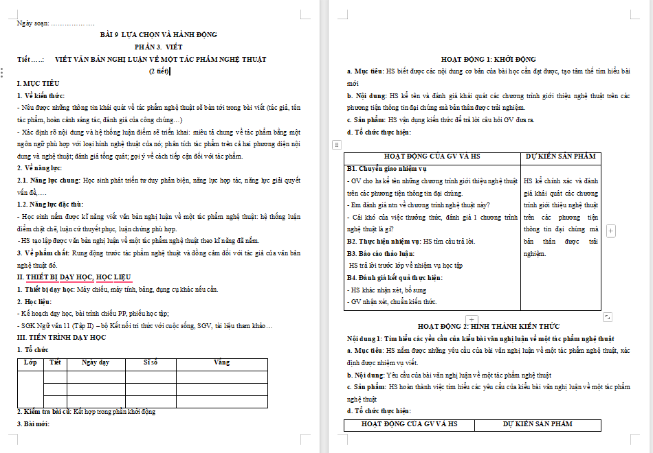 Giáo án Ngữ văn 11 Bài 9: Viết một văn bản nghị luận về một tác phẩm nghệ thuật