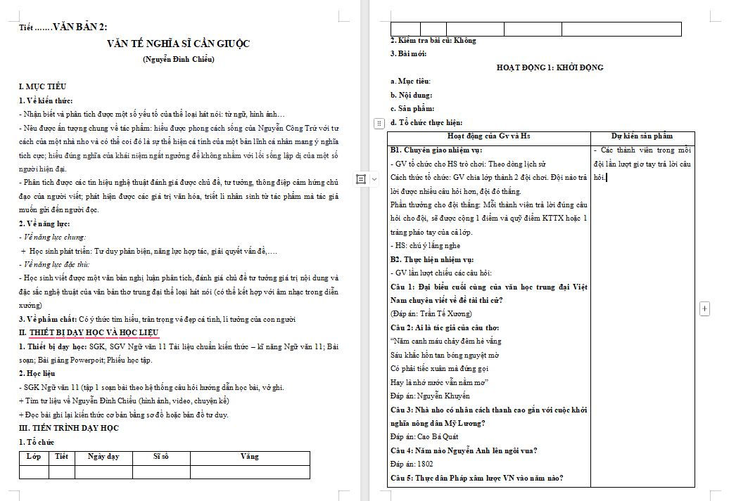 Giáo án Ngữ văn 11 Bài 9: Văn tế nghĩa sĩ Cần Giuộc