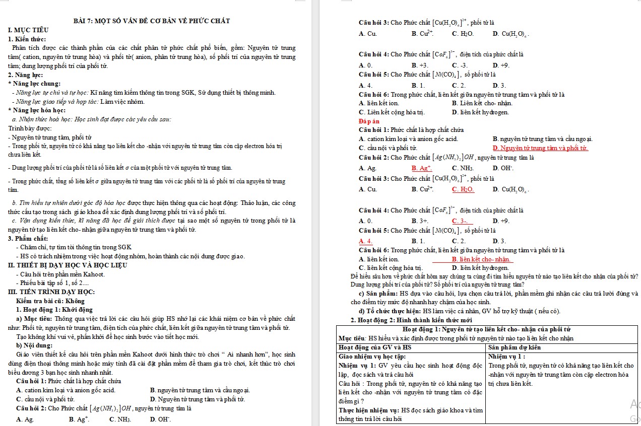 Giáo án word Chuyên đề Hóa 12 KNTT Bài 7
