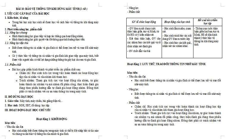 Giáo án Tin học lớp 3 Bài 10: Bảo vệ thông tin khi dùng máy tính