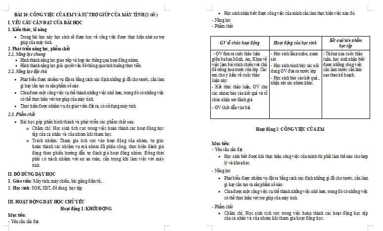 Giáo án Tin học 3 Bài 16: Công việc của em và sự trợ giúp của máy tính