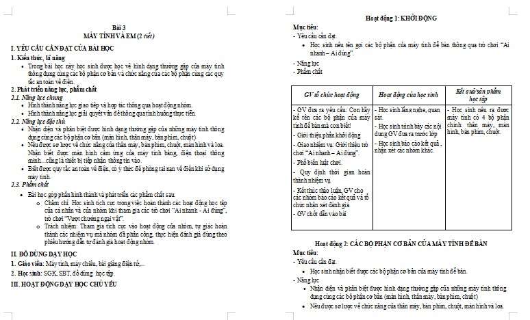 Giáo án Tin học lớp 3 Bài 3: Máy tính và em