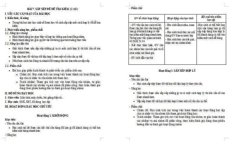 Giáo án Tin học lớp 3 Bài 7: Sắp xếp để dễ tìm