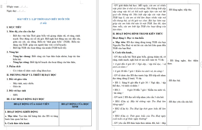 Giáo án Tiếng Việt 2 Bài 20: Thời gian biểu. Lập thời gian biểu buổi tối
