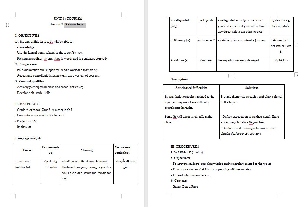 Giáo án Tiếng Anh 9 Unit 8: A Closer Look 1