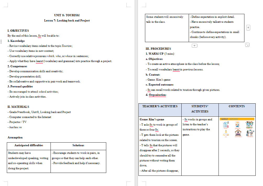Giáo án Tiếng Anh 9 Unit 8: Looking Back