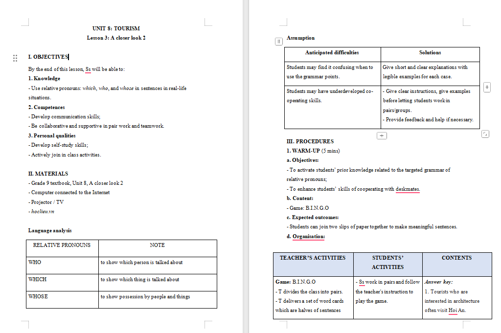 Giáo án Tiếng Anh 9 Unit 8: A Closer Look 2