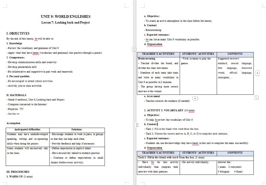 Giáo án Tiếng Anh 9 Unit 9: Looking Back