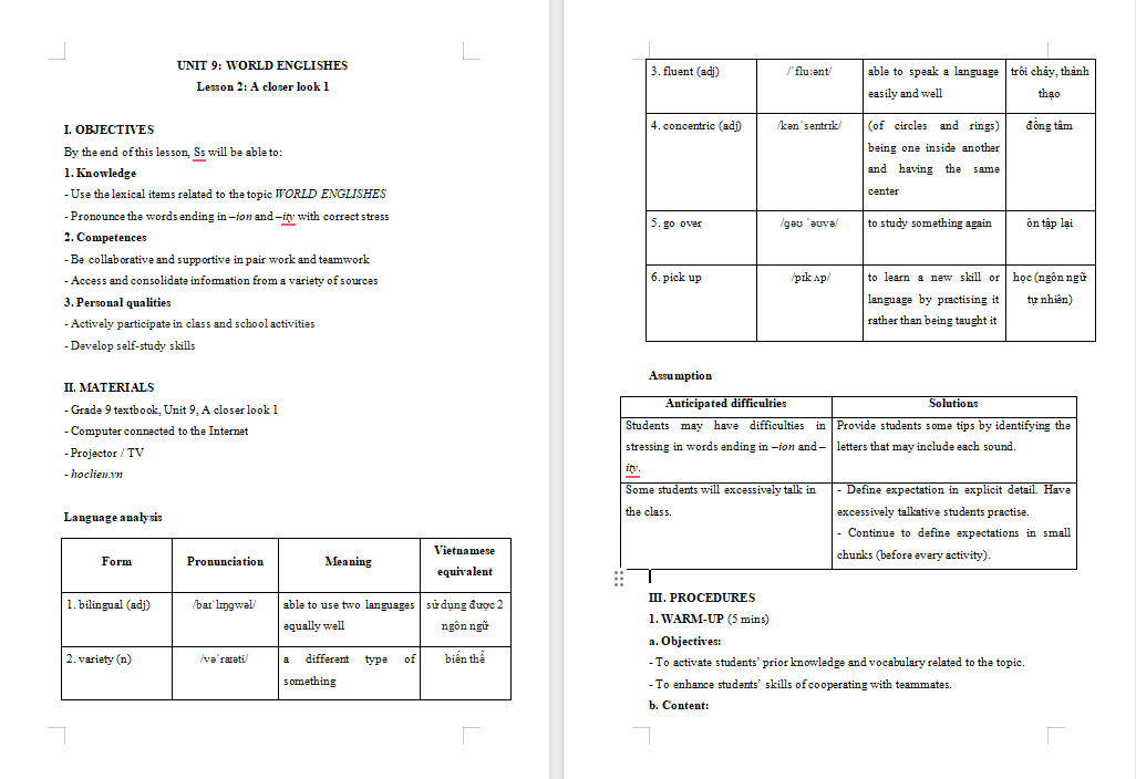 Giáo án Tiếng Anh 9 Unit 9: A Closer Look 1