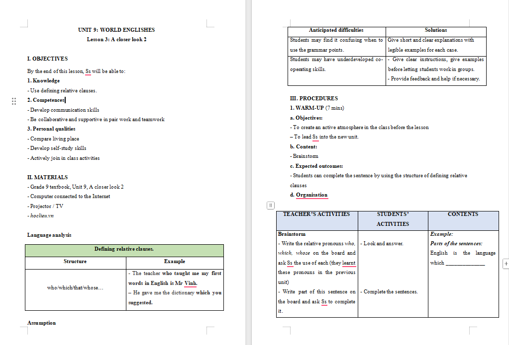 Giáo án Tiếng Anh 9 Unit 9: A Closer Look 2