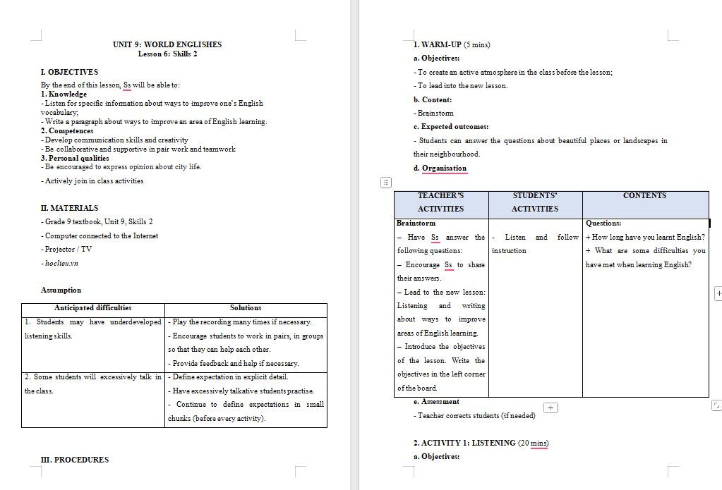 Giáo án Tiếng Anh 9 Unit 9: Skills 2