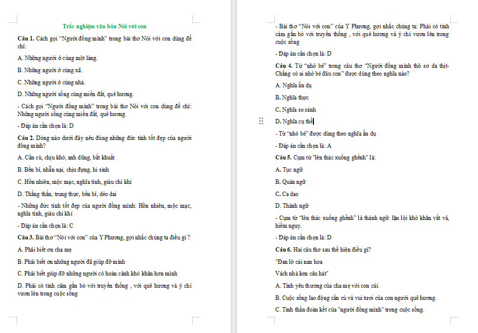 Trò chơi khởi động Ngữ văn 7: Nói với con